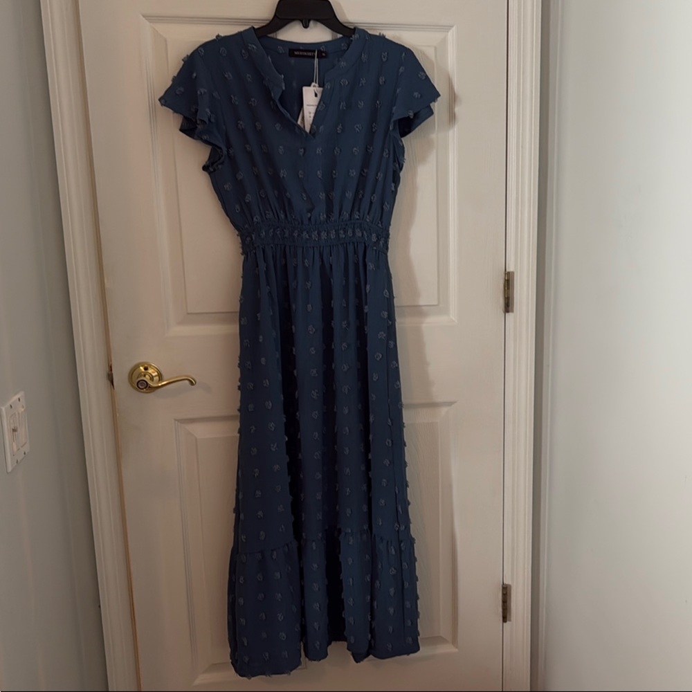 Blue and White Smocked Wrap Maxi Dress